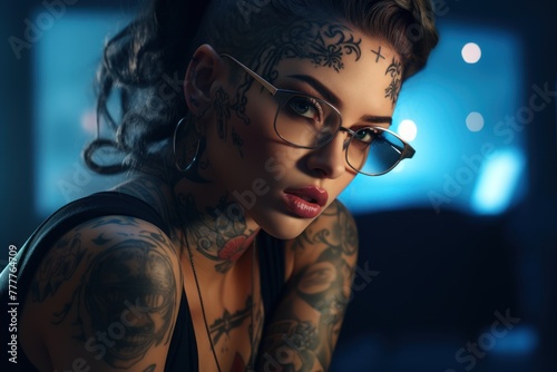 Professional programming - tattooed woman with glasses concentrated at the computer, illustrating the intersection of style and technology at dusk.