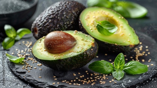 Avocado halves with seeds and leaves on a black plate, AI