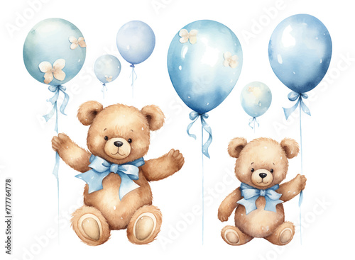 Set of watercolor teddy bears with balloon and flowers decoration vector illustrations for birthday party, kids book, sticker, fabric t-shirt, wall art, sticker