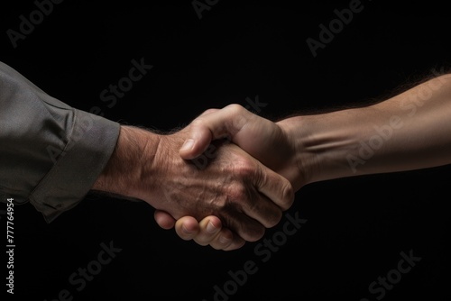 Two male hands in a close-up handshake against a dark backdrop signify a successful partnership and effective teamwork.