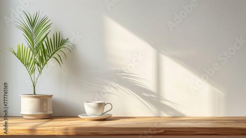 A cup of coffee and a plant on the table  AI