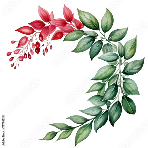 Nandina leaves illustration, Corner frame of watercolor Schefflera leaves. Floristic design elements for floristics. Hand drawn illustration, isolated on white.