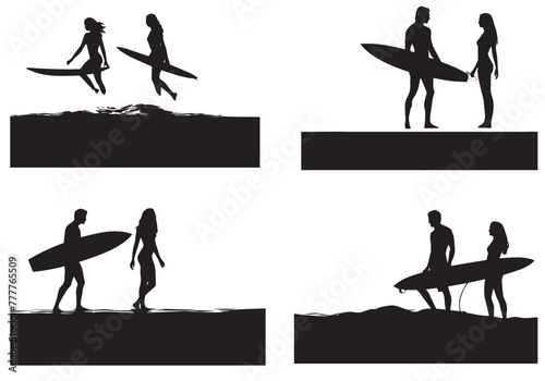 Black surfers with surfboards vector silhouettes set isolated on white background photo