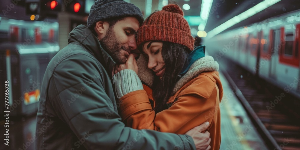 A man and woman hugging each other in front of a train. Generative AI.