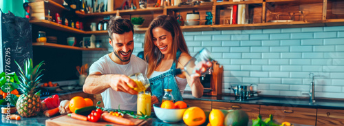 Young Man in a white T-shirt and a woman in a denim jumpsuit preparing freshly squeezed juice in the kitchen from tropical fruits. Healthy lifestyle and nutrition. Eco-friendly relationship. Banner photo