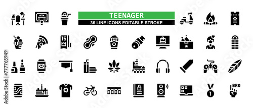 36 Teenager Line Icons Set Pack Editable Stroke Vector Illustration.