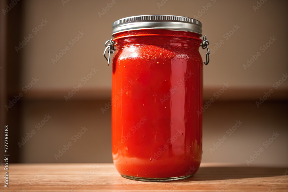 A glass jar filled with a red liquid on a wooden surface. A glass jar filled with a red liquid on a wooden surface.