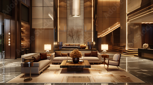 Hotel lobby, modern & elegant furniture such as table, sofa, chair, lighting, rug, vase, stair, modern & minimal design, hotel lobby interior design fully furnished, Realistic, ultra details