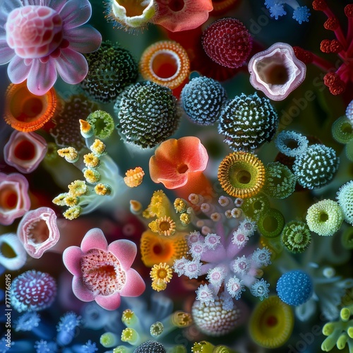 A close up of a bunch of different colored flowers. Generative AI.