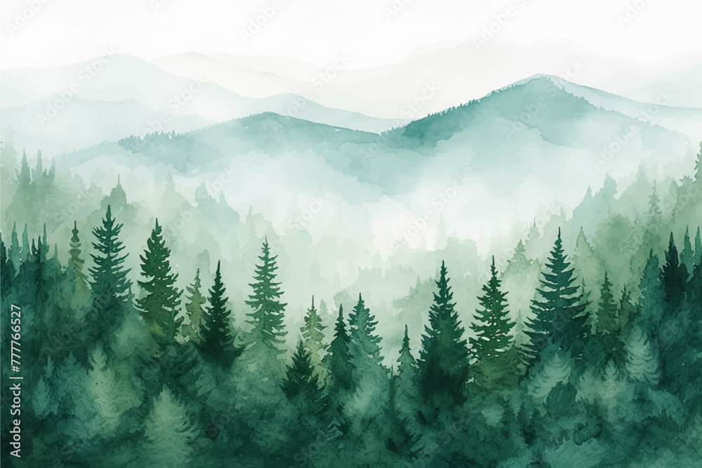 Watercolor forest hill landscape background. Beautiful watercolor nature landscape with forest, trees, nature and sky. Watercolor illustration design elements for landscape background and wallpaper.
