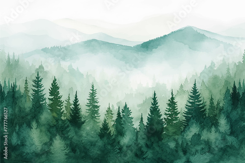Watercolor forest hill landscape background. Beautiful watercolor nature landscape with forest, trees, nature and sky. Watercolor illustration design elements for landscape background and wallpaper.