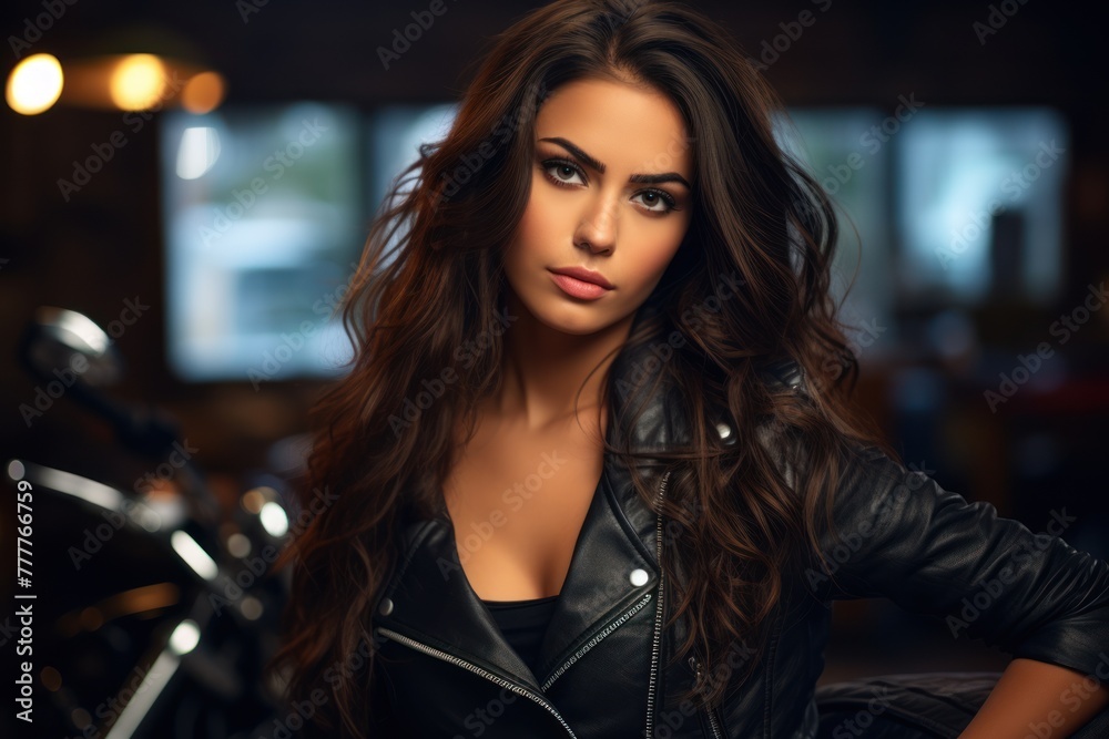 Biker goddess: a fashionable lady in a leather jacket, showcasing her long, wavy hair.