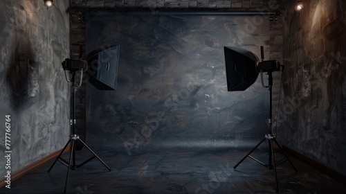 Photography studio setup with two softbox lights facing a textured backdrop with dark, moody colors and dynamic lighting, giving a professional and creative environment for photoshoots photo