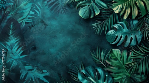 Variety of tropical leaves with a predominantly teal color palette and a textured background with space for text. photo