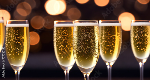 A group of champagne flutes on a table with a blurry background.