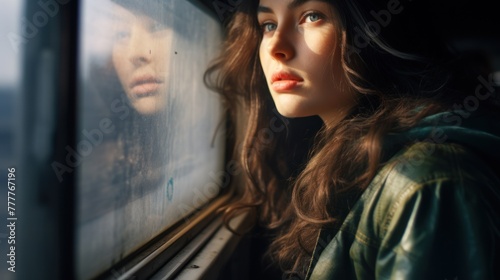 Traveler's journey: a young lady stares out of the train window.