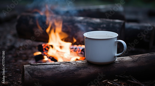 White enamel cup of hot steaming coffee sitting on an old log by an outdoor campfire. Extreme shallow depth of field with selective focus on mug
