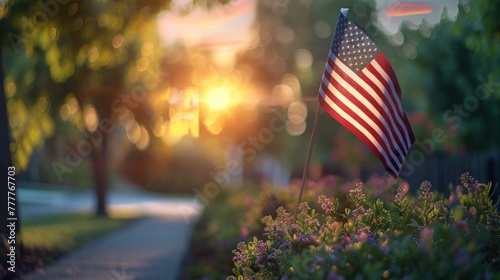Honoring Memorial Day: American Flag in Urban Setting with Blurred Street Background