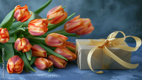 Vibrant Tulip Bouquet and Gift on Blue Table - Captivating Greeting Card