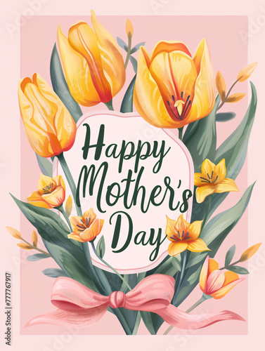 "Happy Mother's Day" Card: Yellow Tulips in Ornamental Frame