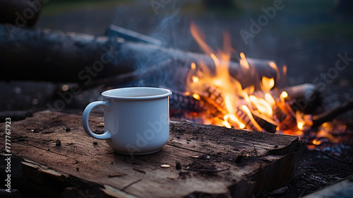 White enamel cup of hot steaming coffee sitting on an old log by an outdoor campfire. Extreme shallow depth of field with selective focus on mug