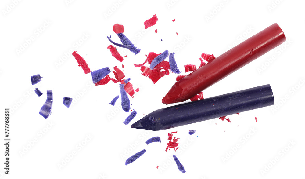 Wax pastel, colorful crayons and spiral shavings from sharpener isolated on white, top view Wax pastel, colorful crayons and spiral shavings from sharpener isolated on white, top view