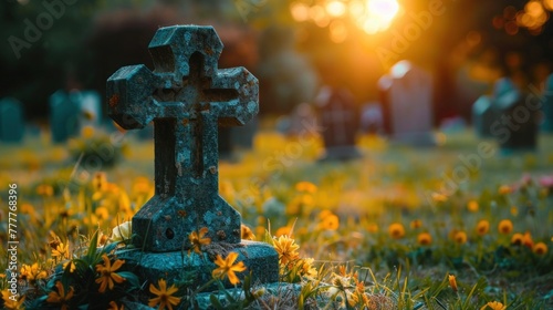 Engraved Grave Marker and Cross at Catholic Cemetery - Funeral Tribute Against Soft Blurred Background