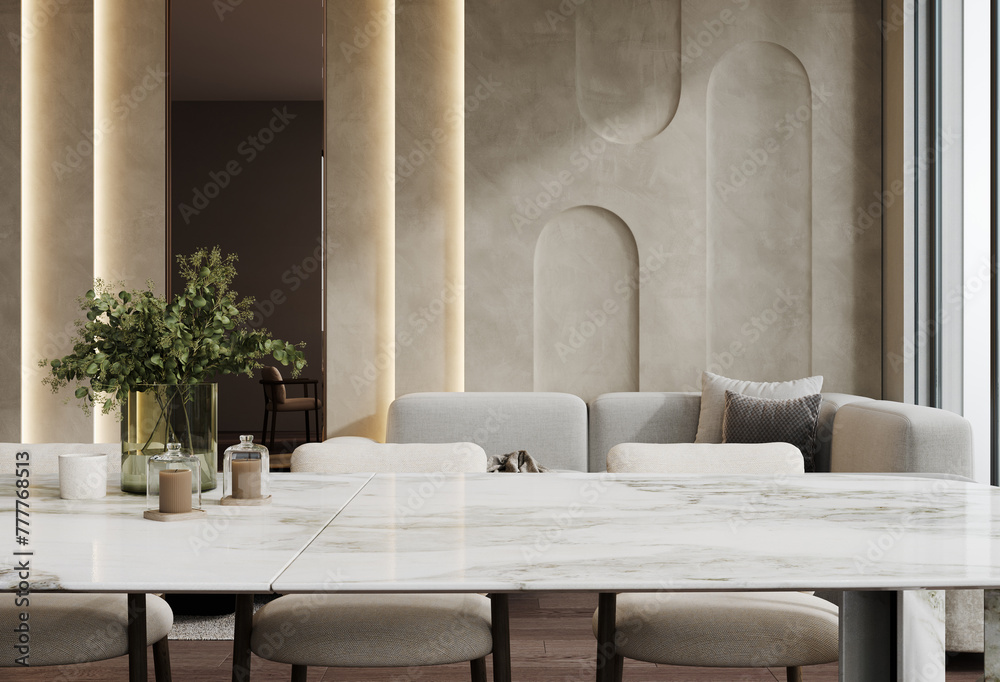 Living room interior with white marble dining table and gray sofa Stock ...