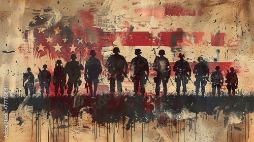Service and Pride: US Soldiers Standing Before American Flag - Memorial Day Military Art