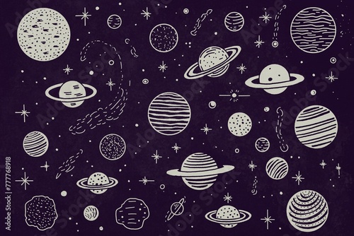 Hand drawn doodle planets, stars and comets photo