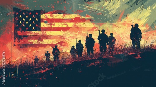 Memorial Day Tribute: United US Soldiers Standing Proud Before American Flag - Military Art Illustration © hisilly