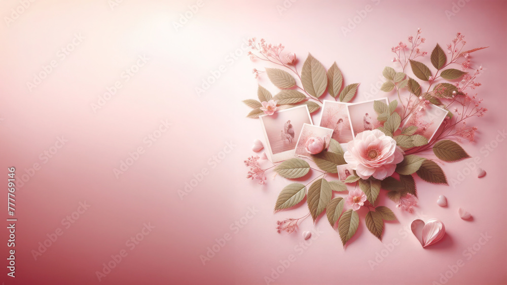 Flowers and photo frame on pink background, top view, copy space Flowers and photo frame on pink background, top view, copy space