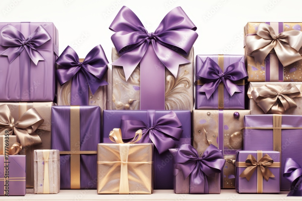 gift boxes wrapped in golden and purple paper and tied with a purple ribbon gift boxes wrapped in golden and purple paper and tied with a purple ribbon