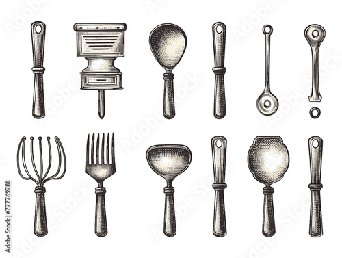 Cutlery and kitchen utensils set. Kitchenware silhouette on white. Vector illustration