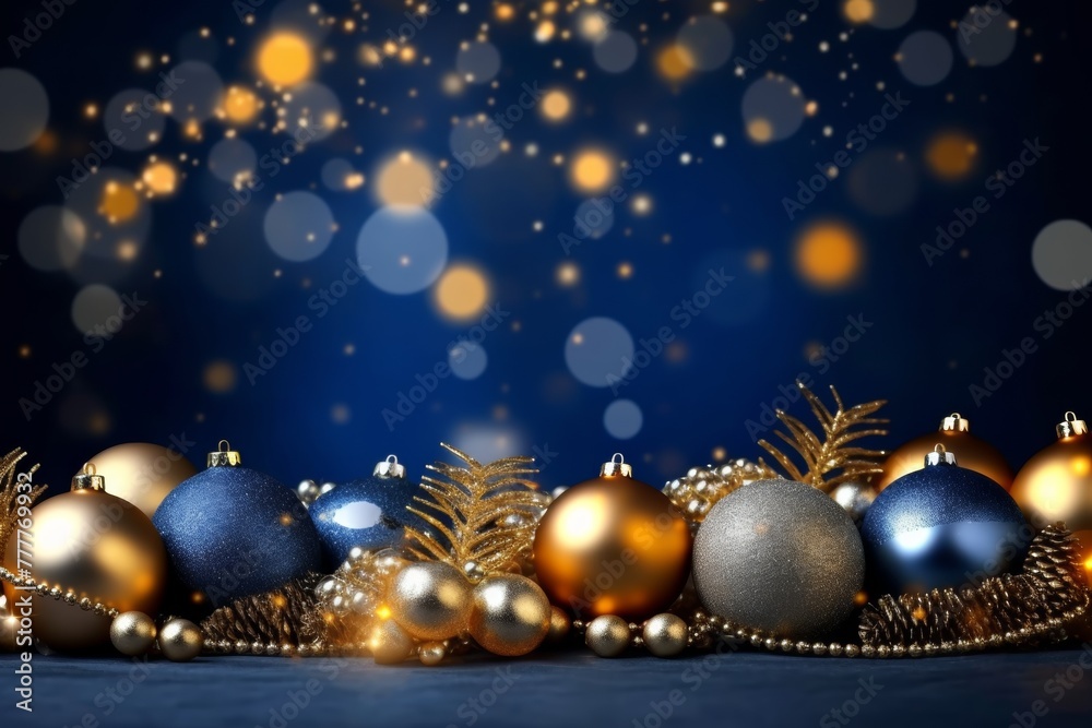 Holiday Elegance, Christmas Banner Lights and Baubles on Dark Blue Holiday Elegance, Christmas Banner Lights and Baubles on Dark Blue