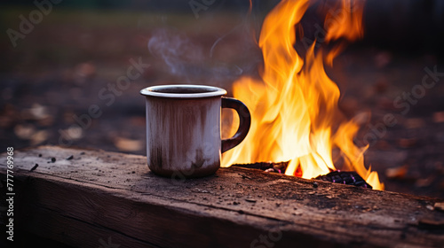 White enamel cup of hot steaming coffee sitting on an old log by an outdoor campfire. Extreme shallow depth of field with selective focus on mug