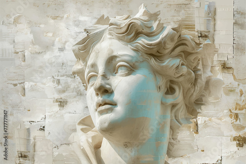 Portrait of a statue sculpture wallpaper texture, on a trendy glitchy vibrant colors contemporary background, collage and pop art style