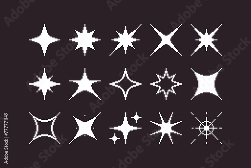 black and white simple flat 1bit vector pixel art set of different stylizations of star and sparkle icons. shine effect signs