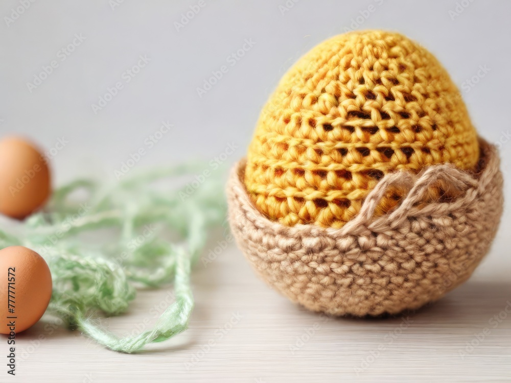 Obraz premium knitted chicken egg table Easter Hunting .