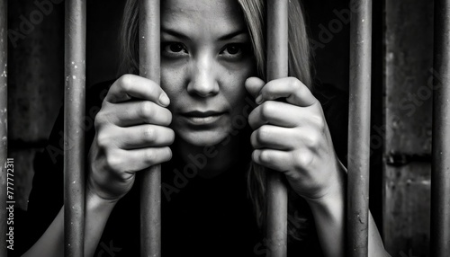 Black and white emotion starkly captures a woman's gaze through the cold steel bars, her face a canvas of silent stories and unspoken pleas. photo