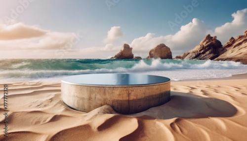 Serene Beach with a Modern Twist. Empty circular structure for product advertising on sand unites sea and sky in harmony.