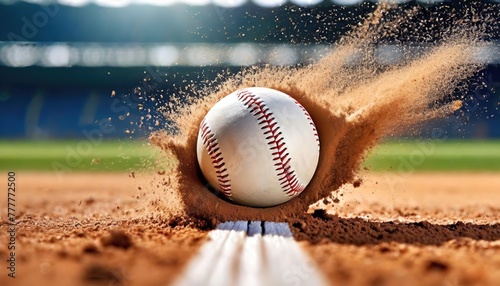 Baseball hitting the dirt in a cloud of dust at a ballpark. The sphere's high-speed descent into the infield caught in a moment photo