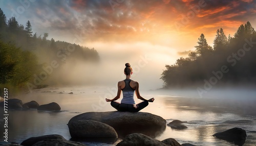 Woman in meditation pose on a rock by a misty river at sunrise. Female practises yoga in nature. photo