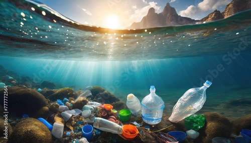 Underwater view of pollution showcases the environmental impact of plastic waste. The ocean bed littered with debris becomes a stark reminder of the urgent need for conservation. photo