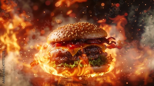 Cheeseburger with flames licking the sides