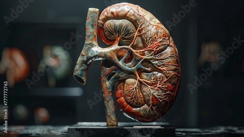 Museum exhibit: Kidney model on a stand with labels. photo