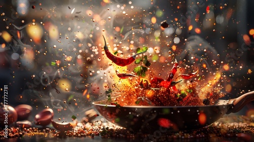 Stir-fry with red peppers in flaming wok photo