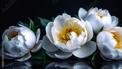 four exquisite white peonies with golden centers reflected on the surface against black background. concepts: wedding decor, skincare, wellness, natural beauty, anniversary, florists promotion, purity