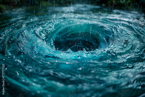 A swirling whirlpool forming in the center of a calm lake  drawing everything into its depths. Concept of aquatic vortex. Generative Ai.