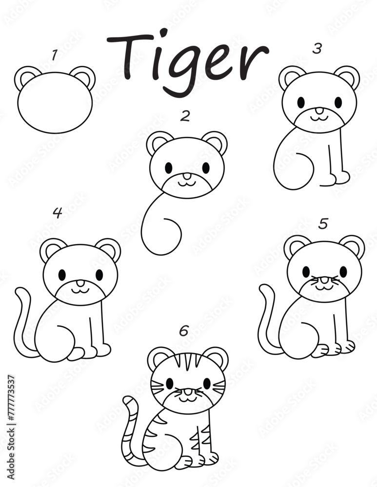 Drawing tutorial. Art lesson. Teach how to draw a tiger. Kids activity page. Children education step by step worksheet. Vector illustration.